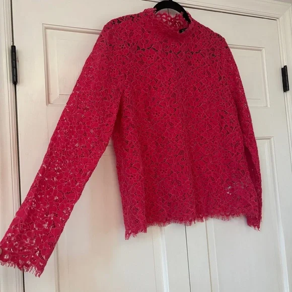 J. Crew Scalloped Lace Mockneck Top Vibrant Pink Lace Blouse Size 14 Sheer Glam - Picture 8 of 12
